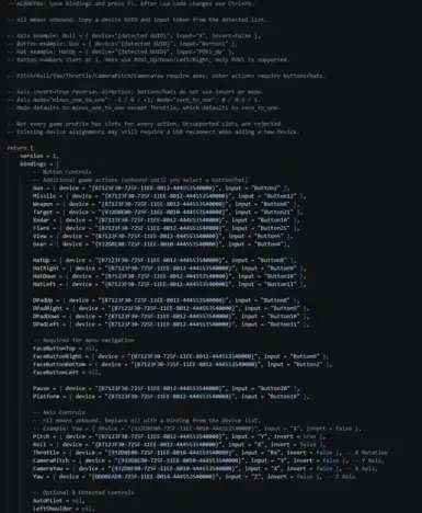 AC8HOTAS Bindings.lua example with grouped Ace Combat 8 actions and editable device bindings