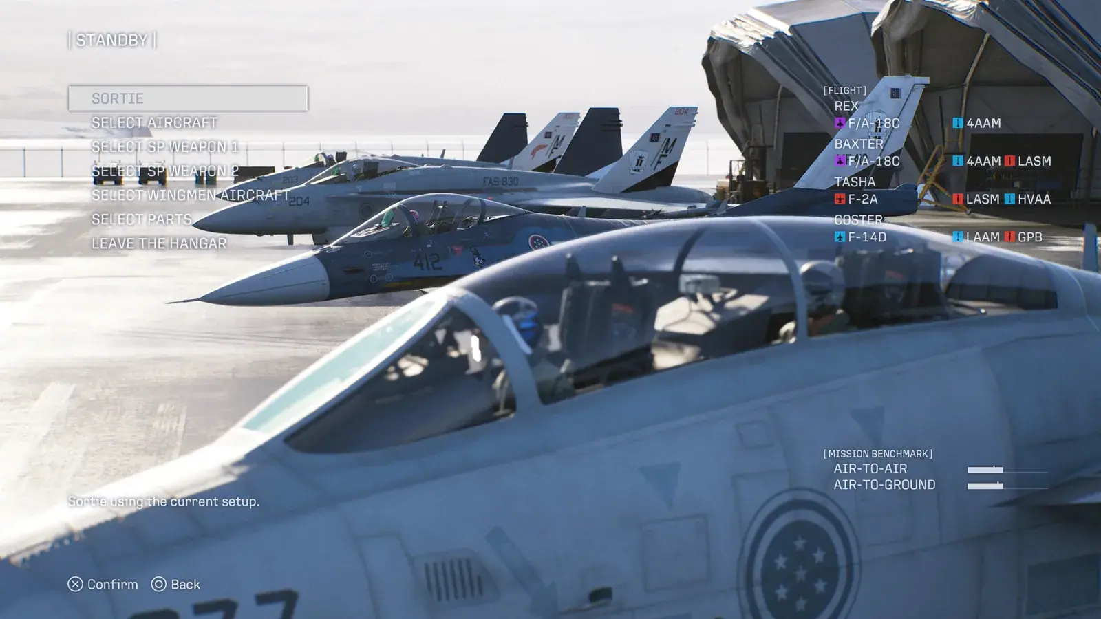 ACE COMBAT 8 sortie aircraft-selection screen showing multiple playable aircraft entries