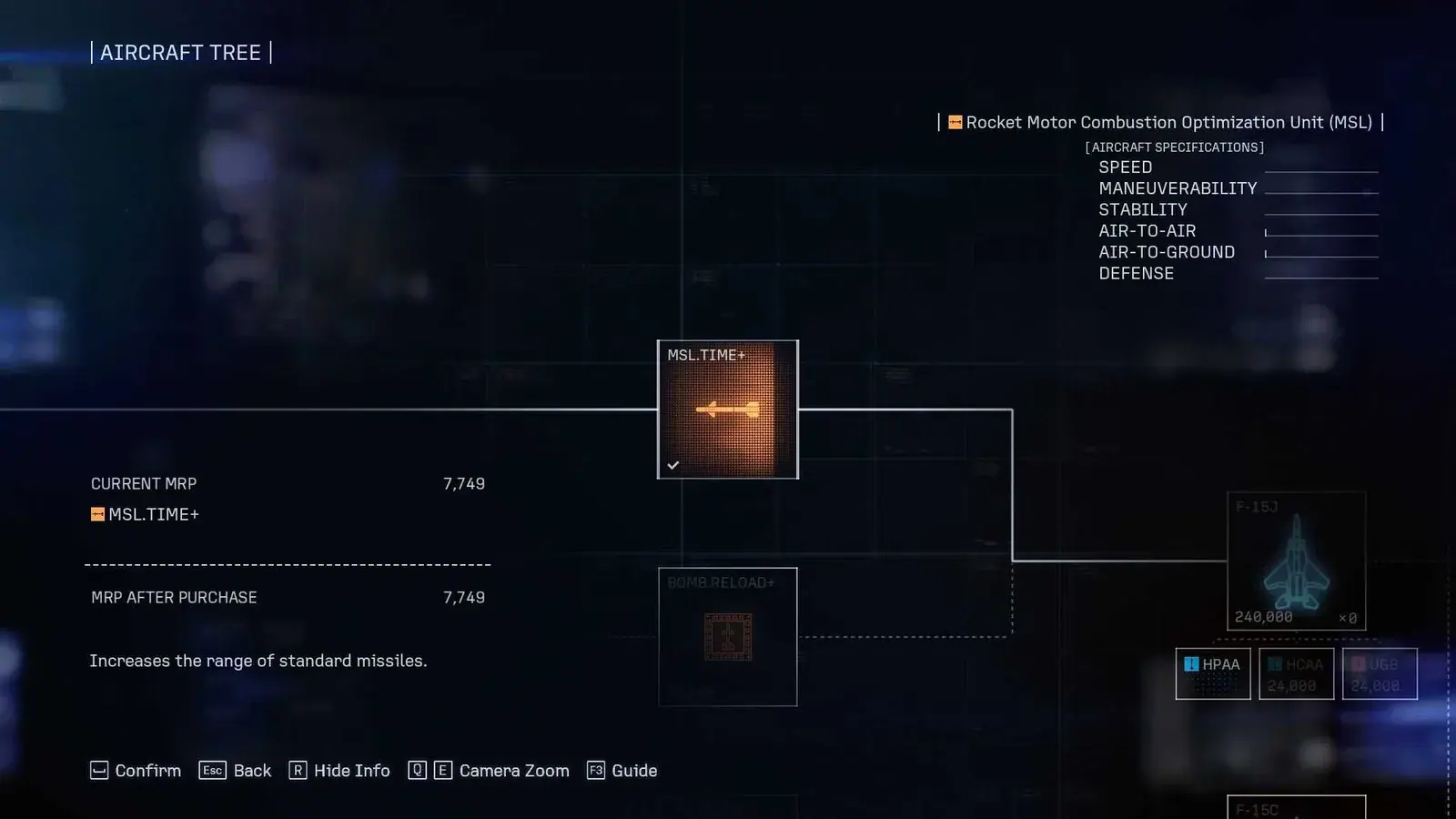 ACE COMBAT 8 Aircraft Tree showing upgrade branches, current MRP, and the MRP after purchase