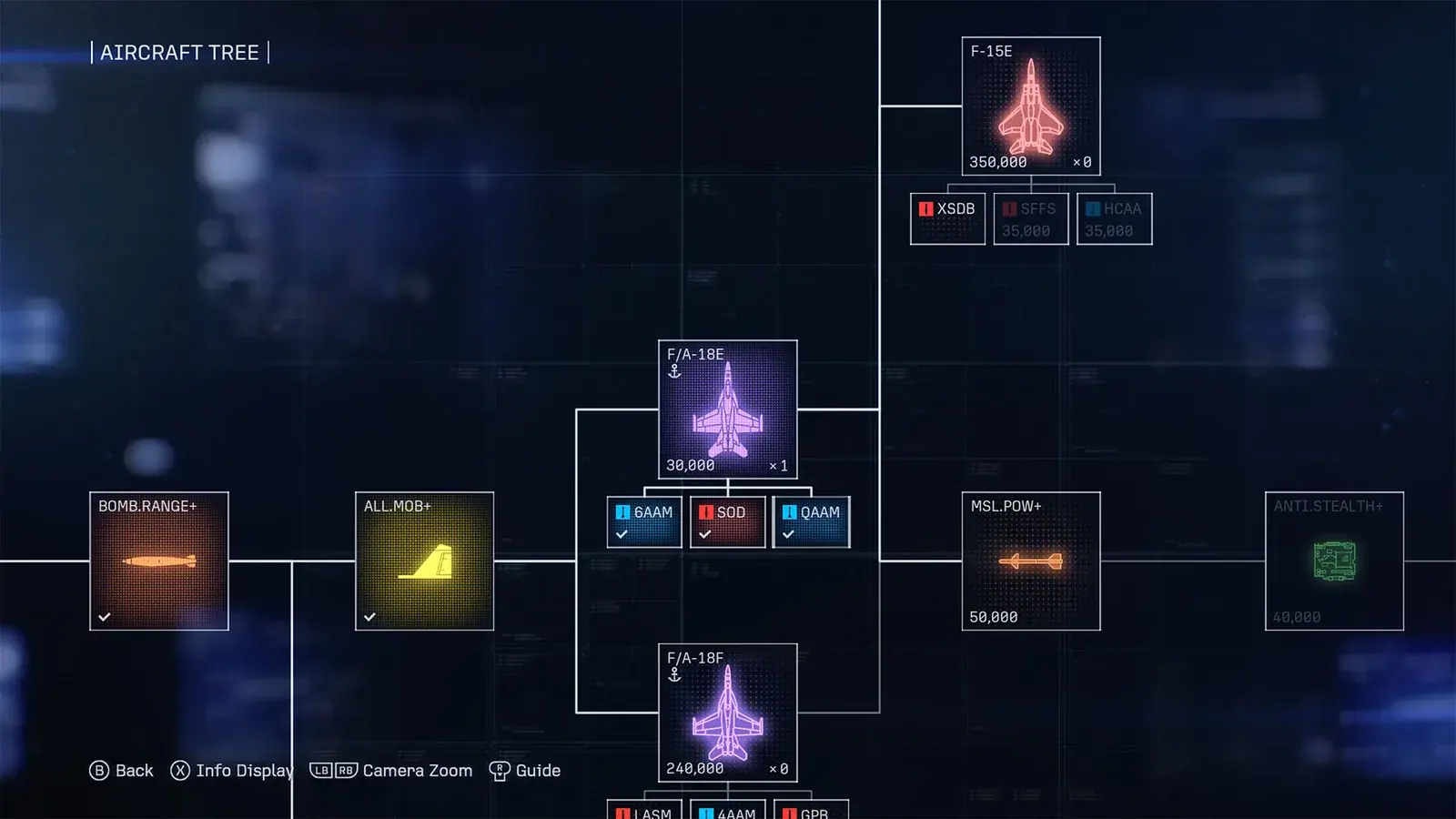 ACE COMBAT 8 Aircraft Tree interface showing connected aircraft, special-weapon, and upgrade-part nodes