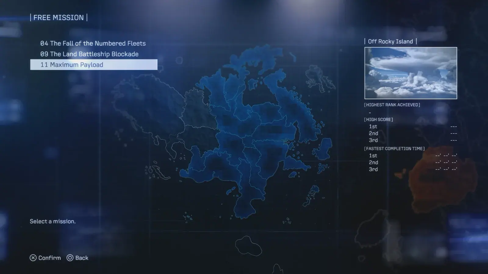 ACE COMBAT 8 Free Mission screen showing multiple campaign missions listed over a regional map