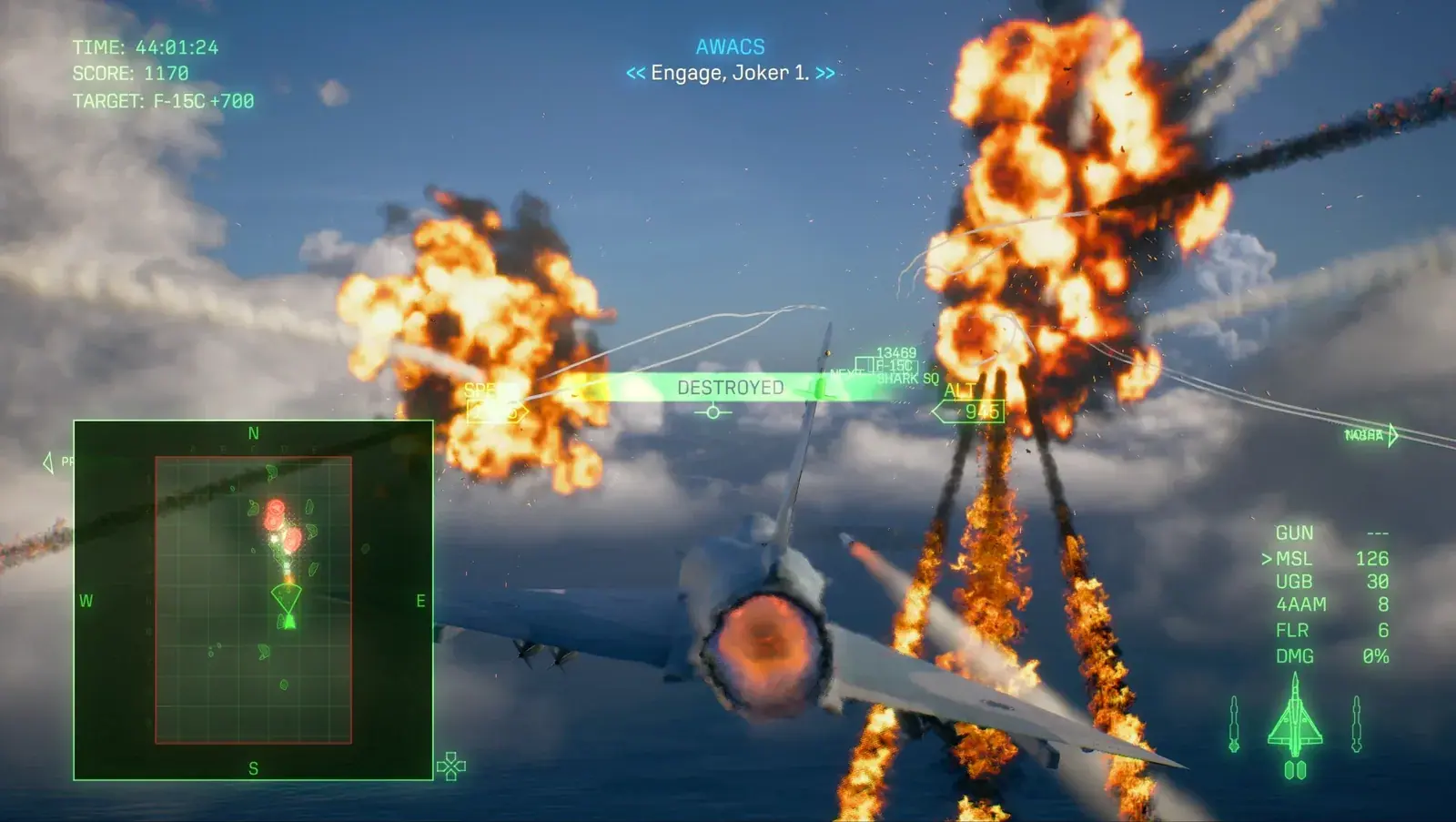 Ace Combat 8 third-person dogfight view with HUD markers, explosions, and smoke trails