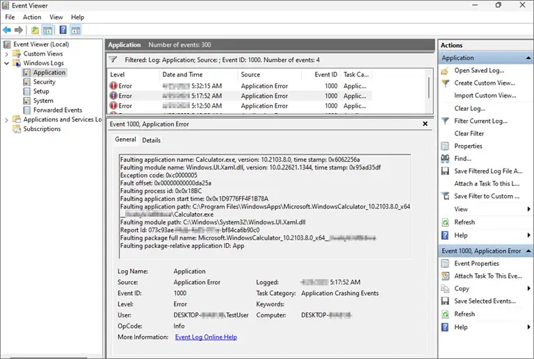 Windows Event Viewer displaying an application error report for PC crash troubleshooting