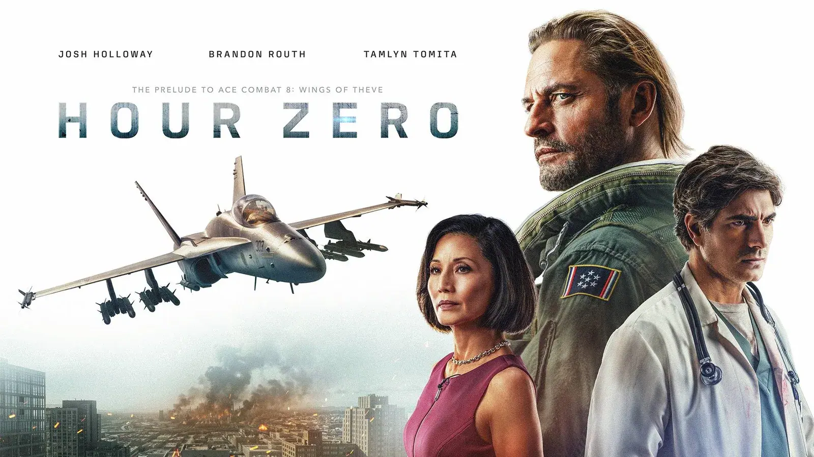 Official Hour Zero key art showing the three live-action leads, a fighter jet, and a city skyline