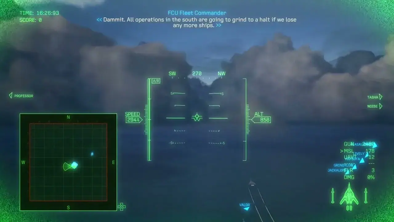 Mission 15 cockpit HUD with radar contacts, nearby fleet markers, and visible jamming interference