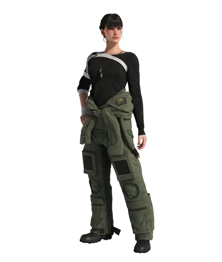 Full-body render of Kate Evans wearing a black top, green trousers, and a flight jacket tied at the waist