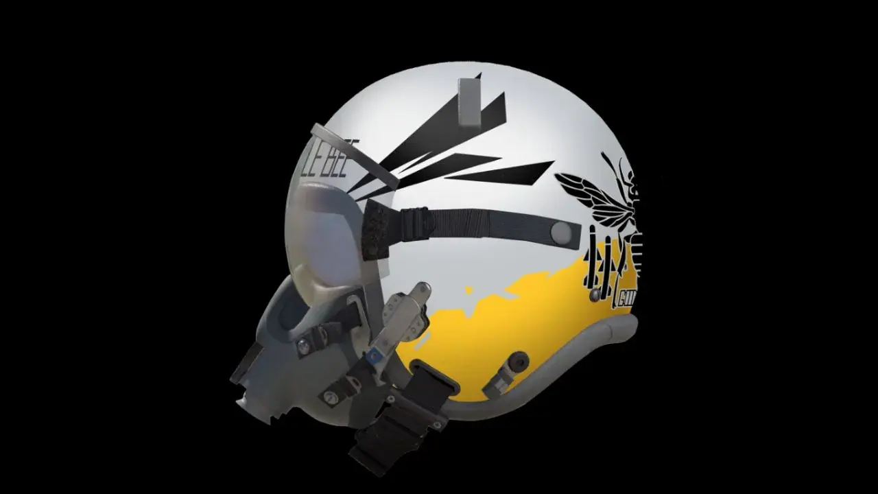 Close view of Kate Evans's white Little Bee flight helmet with black and yellow graphics