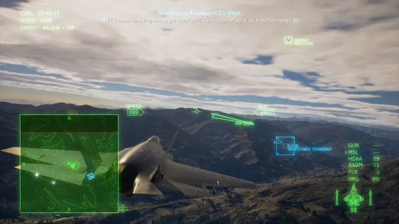 Joker Flight escorts the resistance transport with its HUD tracking the allied aircraft.