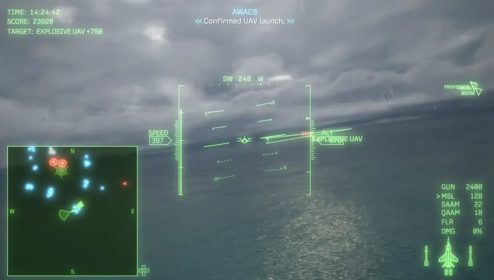 Mission 16 HUD view after UAV launch begins, with an explosive UAV ahead and the tactical map visible.