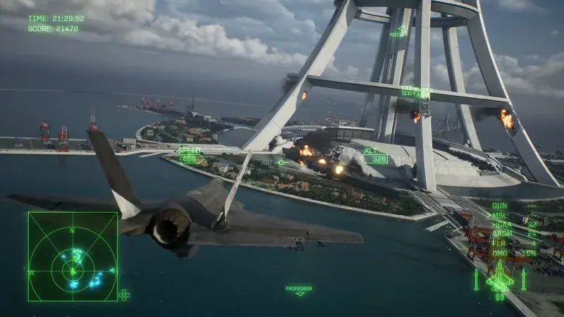 Fighter circling the Space Elevator amid HUD target markers and explosions