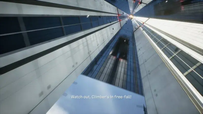 The damaged climber falling inside the Space Elevator shaft between windbreak panels