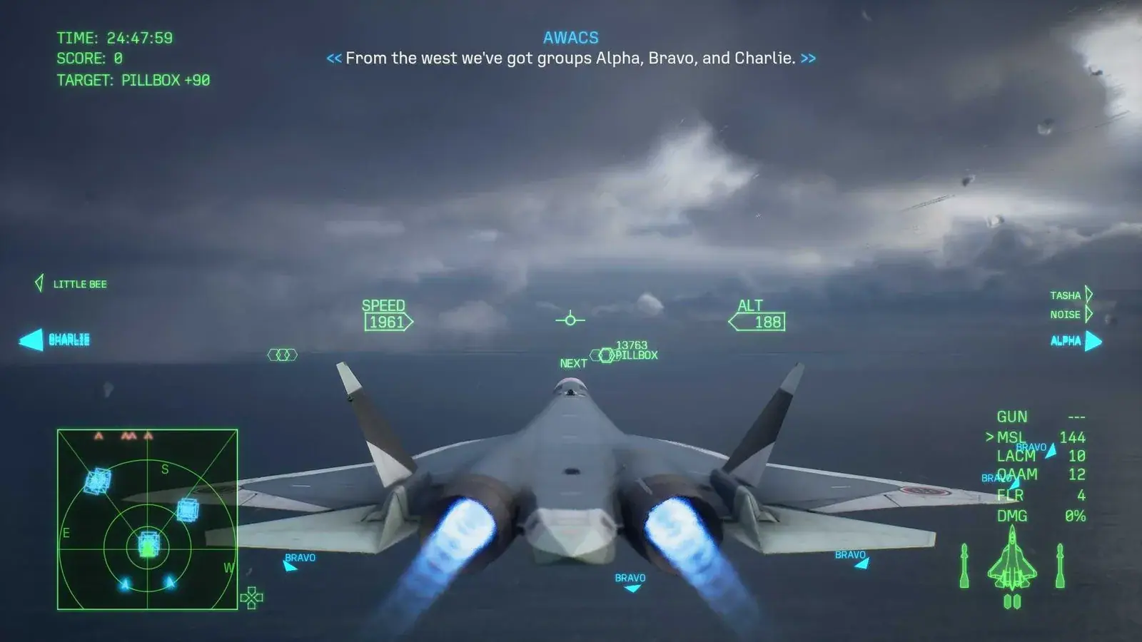 ACE COMBAT 8 Mission 24 gameplay with Alpha, Bravo, and Charlie allied groups, a pillbox target, and the tactical radar