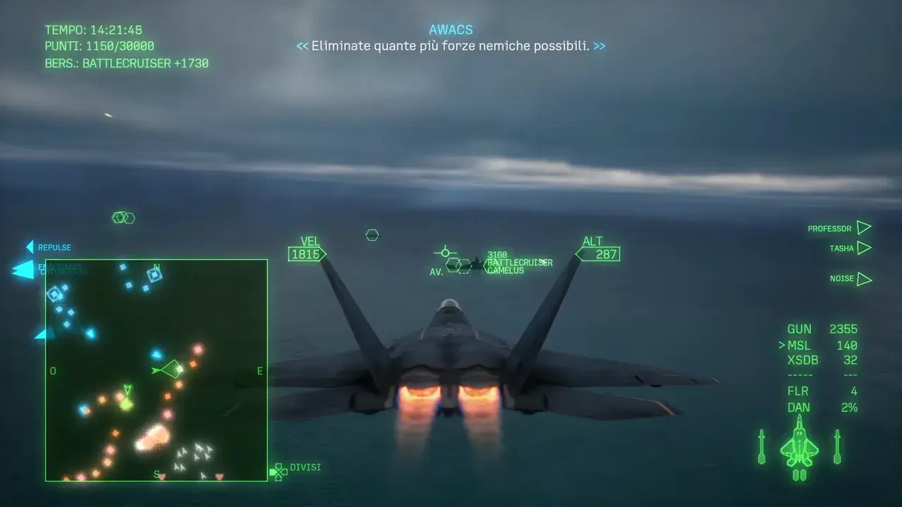 Fighter approaching a battlecruiser amid allied and hostile fleet markers in Mission 26