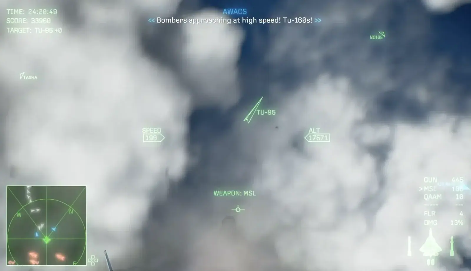 Mission 28 opening HUD view with a bomber formation ahead and incoming aircraft tracked on the radar.