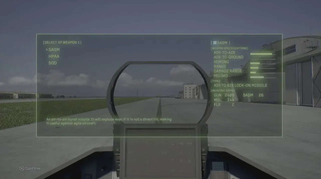 Mission 28 air-base weapon selection screen with SASM selected and 26 SASM missiles available