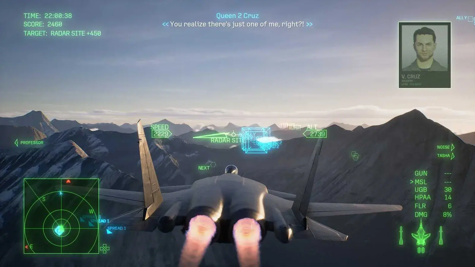 Queen 2 Cruz radios while Joker Flight targets a radar site near Spread 2