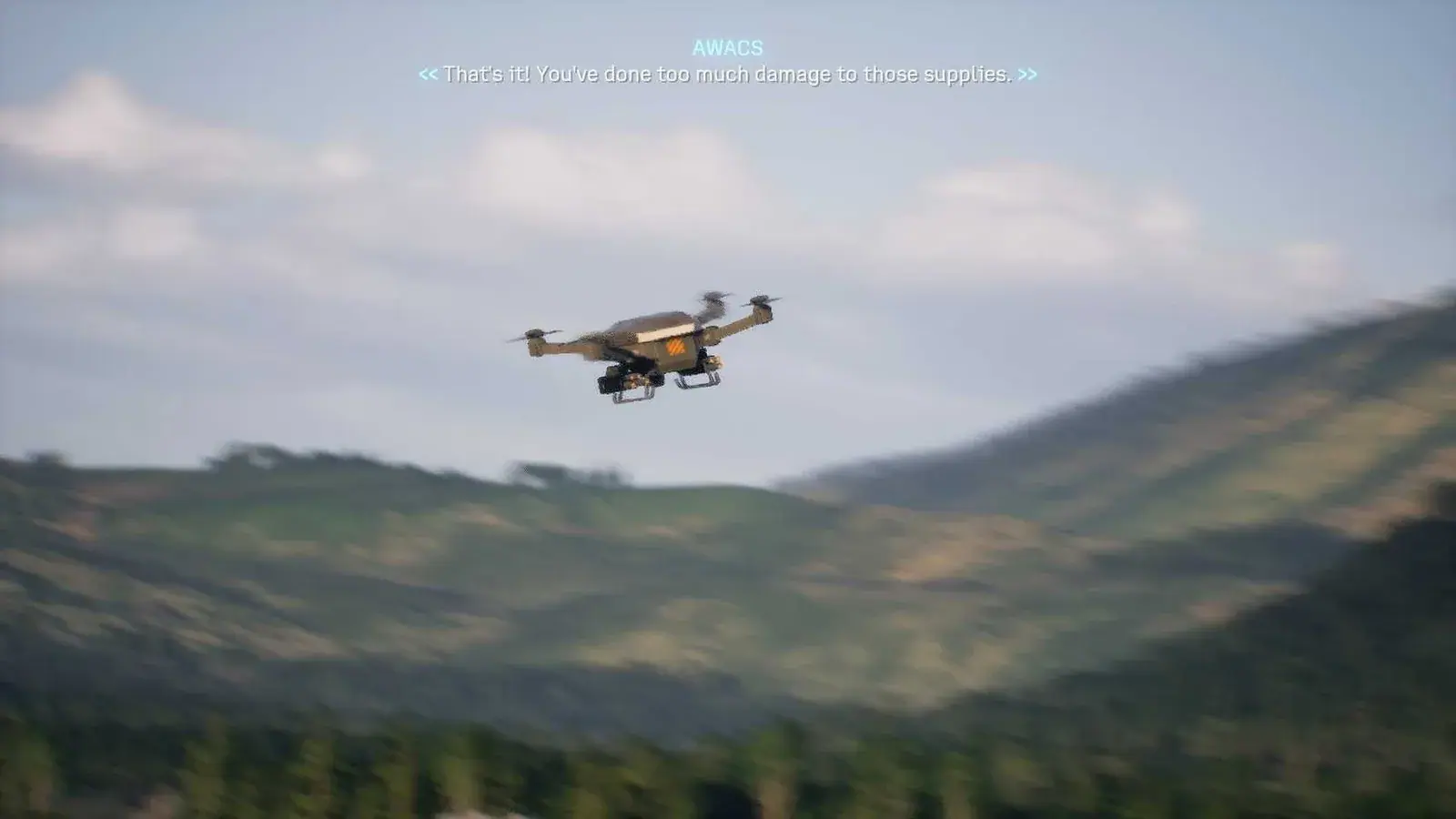 A quadrotor in flight while AWACS warns that the protected supplies have taken too much damage