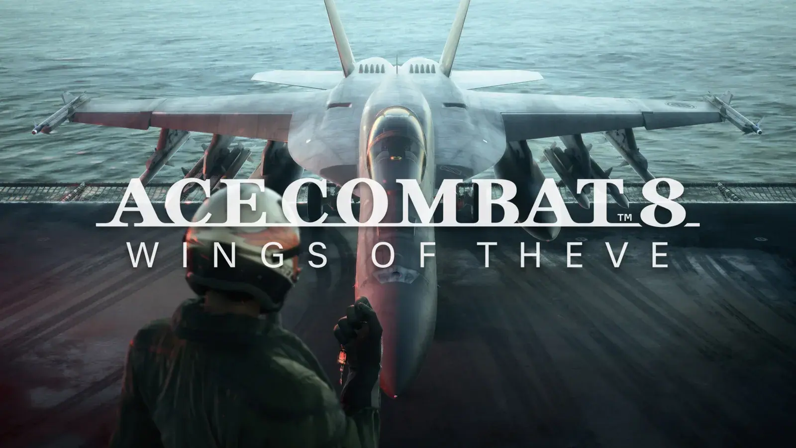 ACE COMBAT 8 product artwork with a pilot and fighter on a carrier deck