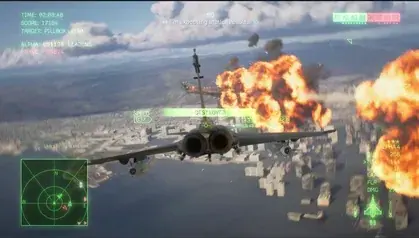 Third-person fighter view above a coastal city with explosions and a targeting HUD