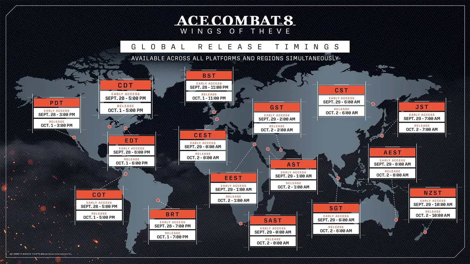 Global timing map comparing September 28–29 early access with October 1–2 release times