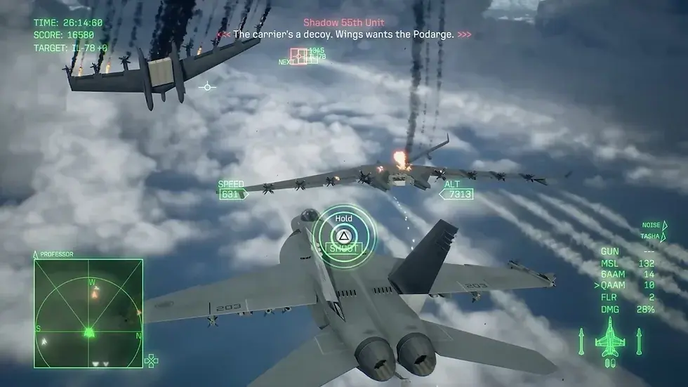 Fighter approaching airborne transport targets with a targeting HUD and smoke trails