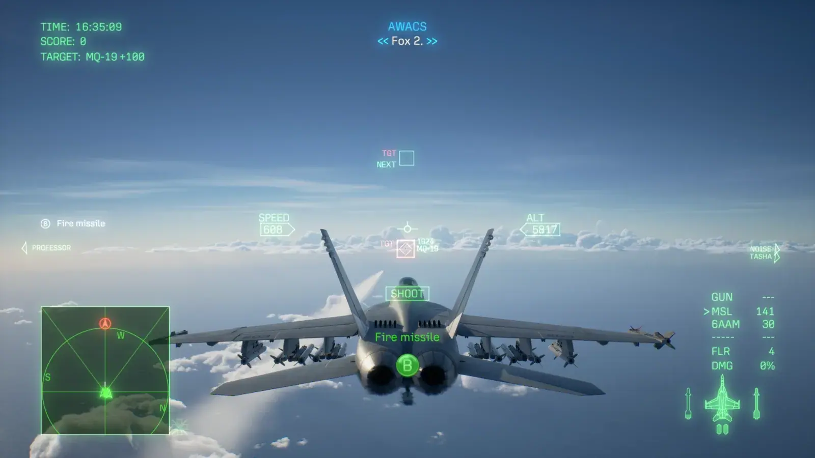 ACE COMBAT 8 in-flight HUD showing multiple target markers, radar contacts, and missile-launch guidance