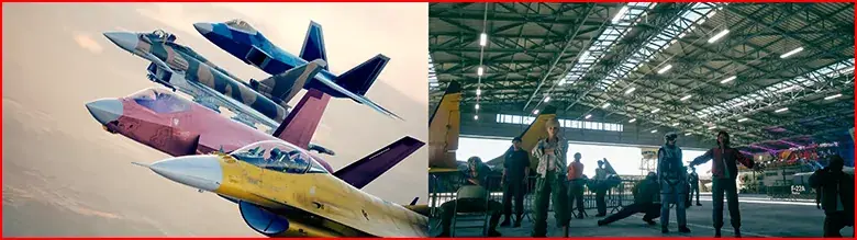 ACE COMBAT ONLINE promotional montage of aircraft formation and hangar avatars
