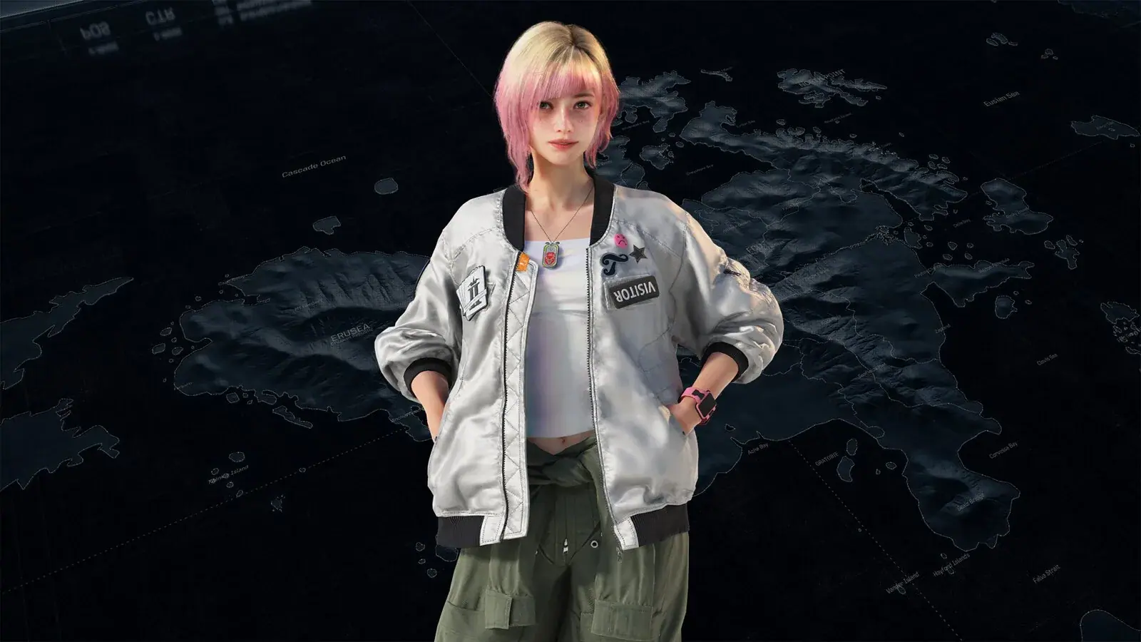 Tasha with pink-and-blonde hair, a silver jacket, and green cargo trousers
