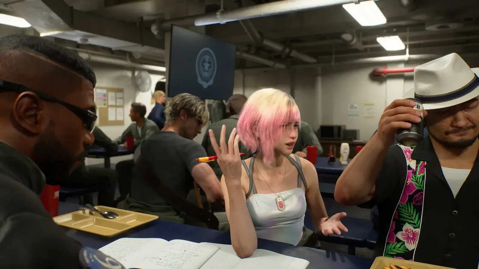 Tasha speaking with other pilots in the Endurance mess hall