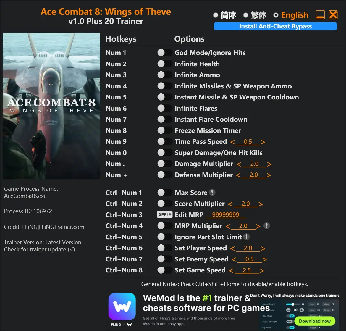 FLiNG ACE COMBAT 8 trainer window showing keypad hotkeys and cheat options