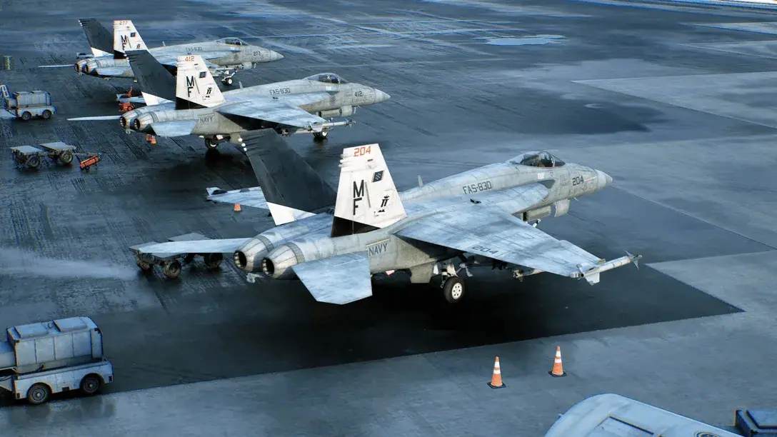 ACE COMBAT 8 fighter jets lined up on an aircraft carrier deck