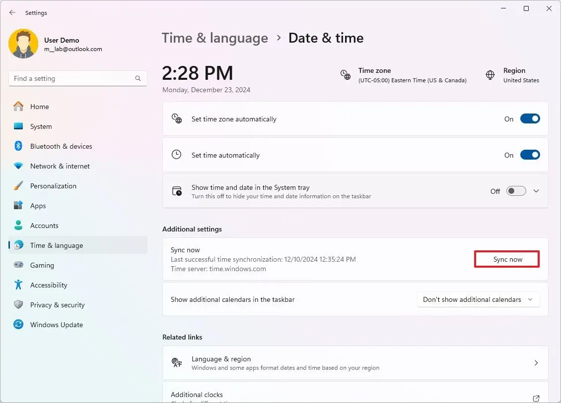 Windows 11 Date & time settings showing automatic time controls and the Sync now button
