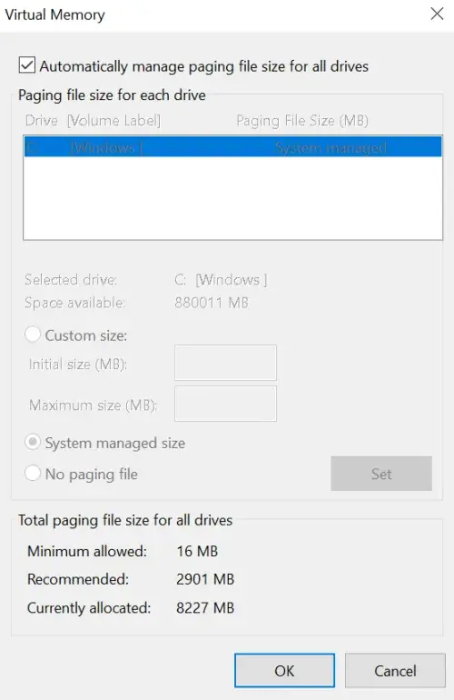 Windows Virtual Memory dialog with automatic paging-file management enabled and the C: drive set to System managed.