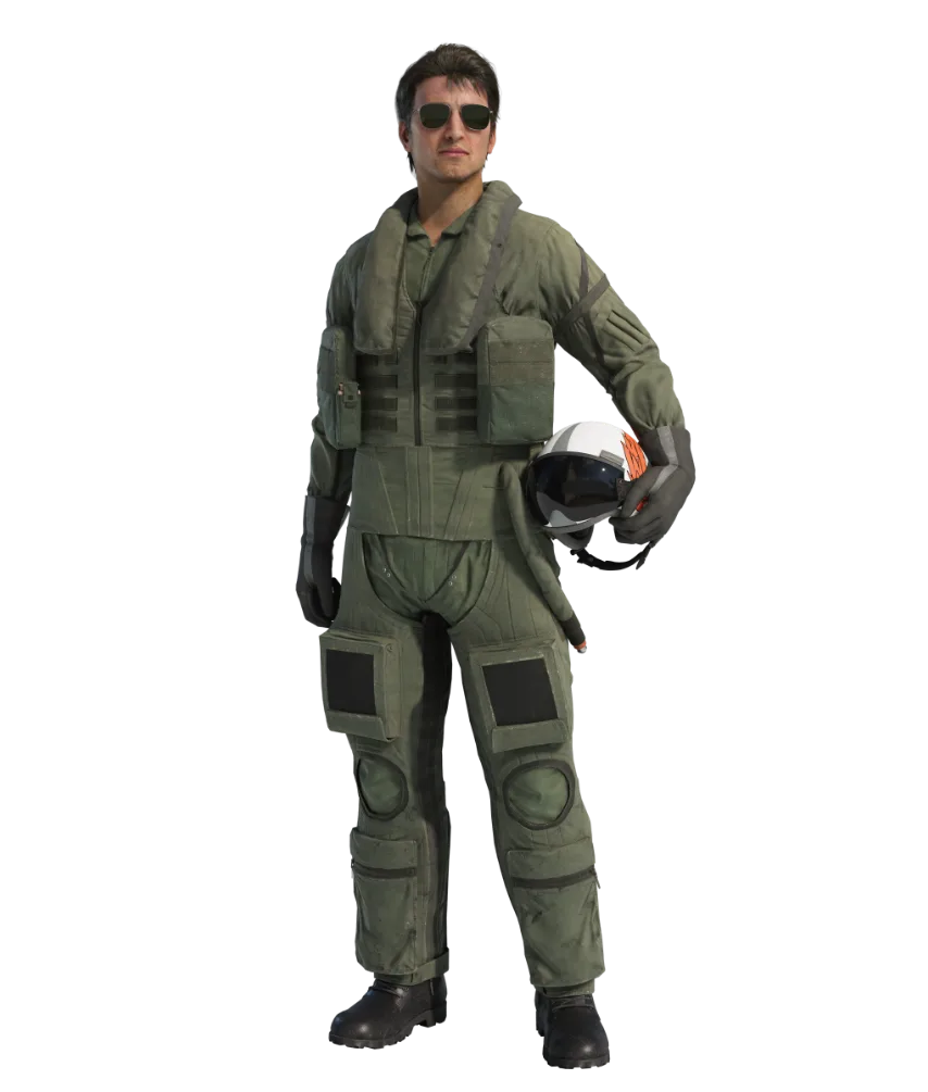 Jan Cope wearing flight gear and holding his helmet
