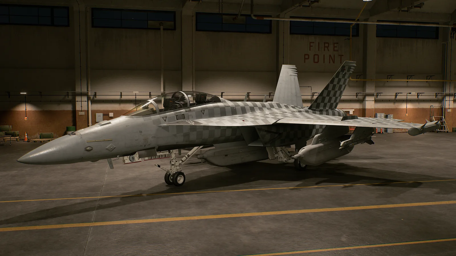 EA-18G Growler in a hangar wearing the checkerboard Special skin