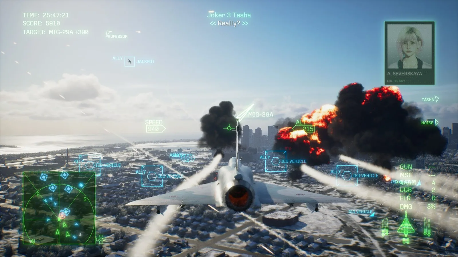 ACE COMBAT 8 air combat HUD showing speed, altitude, target and weapon information
