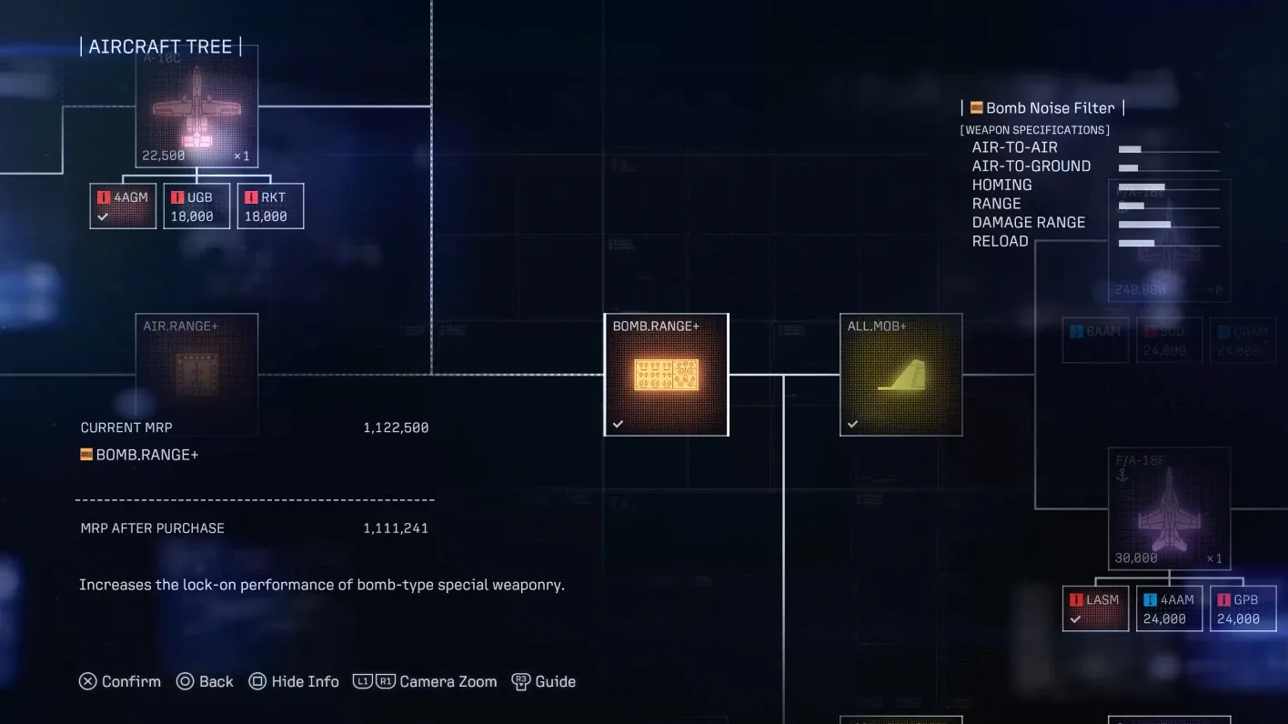 ACE COMBAT 8 aircraft tree showing special weapons and upgrade parts