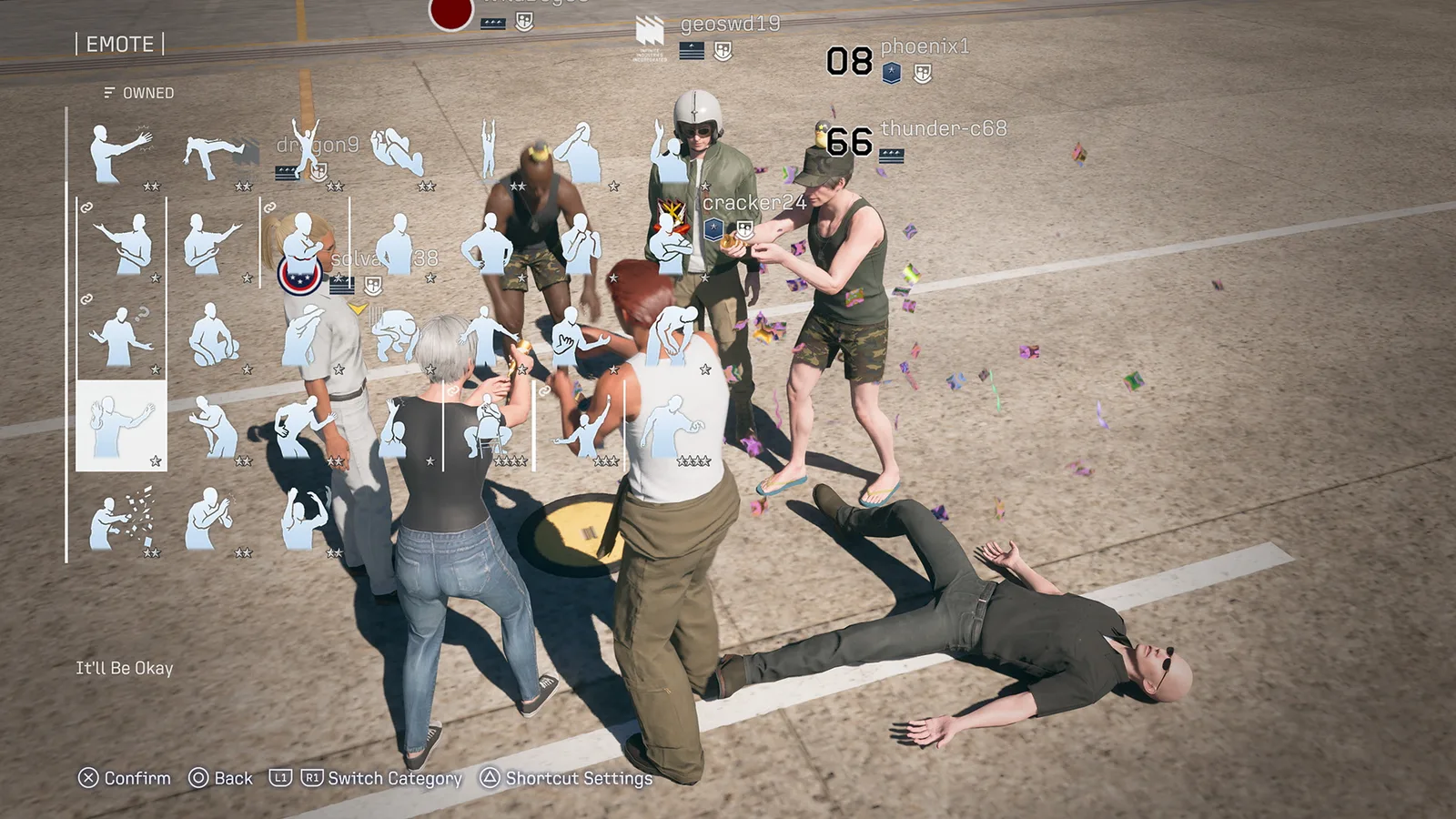 Players and the emote interface in the ACE COMBAT ONLINE air base