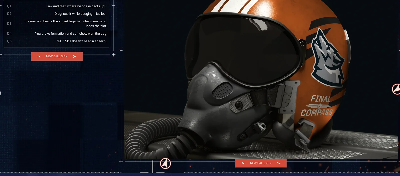 FINAL COMPASS helmet and five selected answers in the official ACE COMBAT 8 callsign quiz