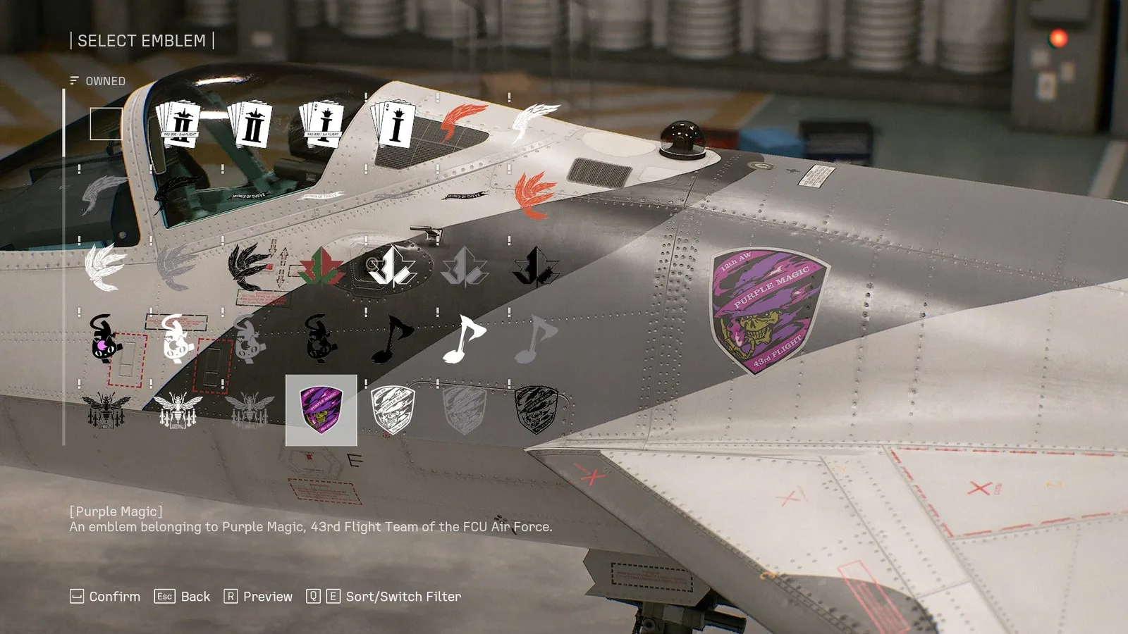 Select Emblem menu with the Purple Magic emblem shown on the aircraft