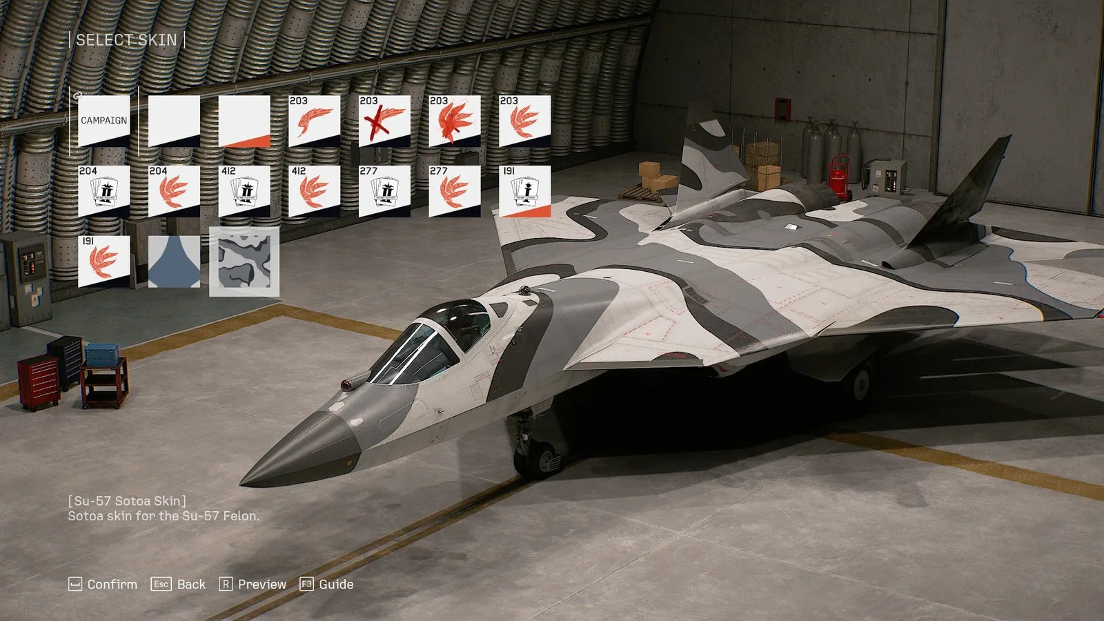 Select Skin menu showing the Su-57 Sotoa Skin