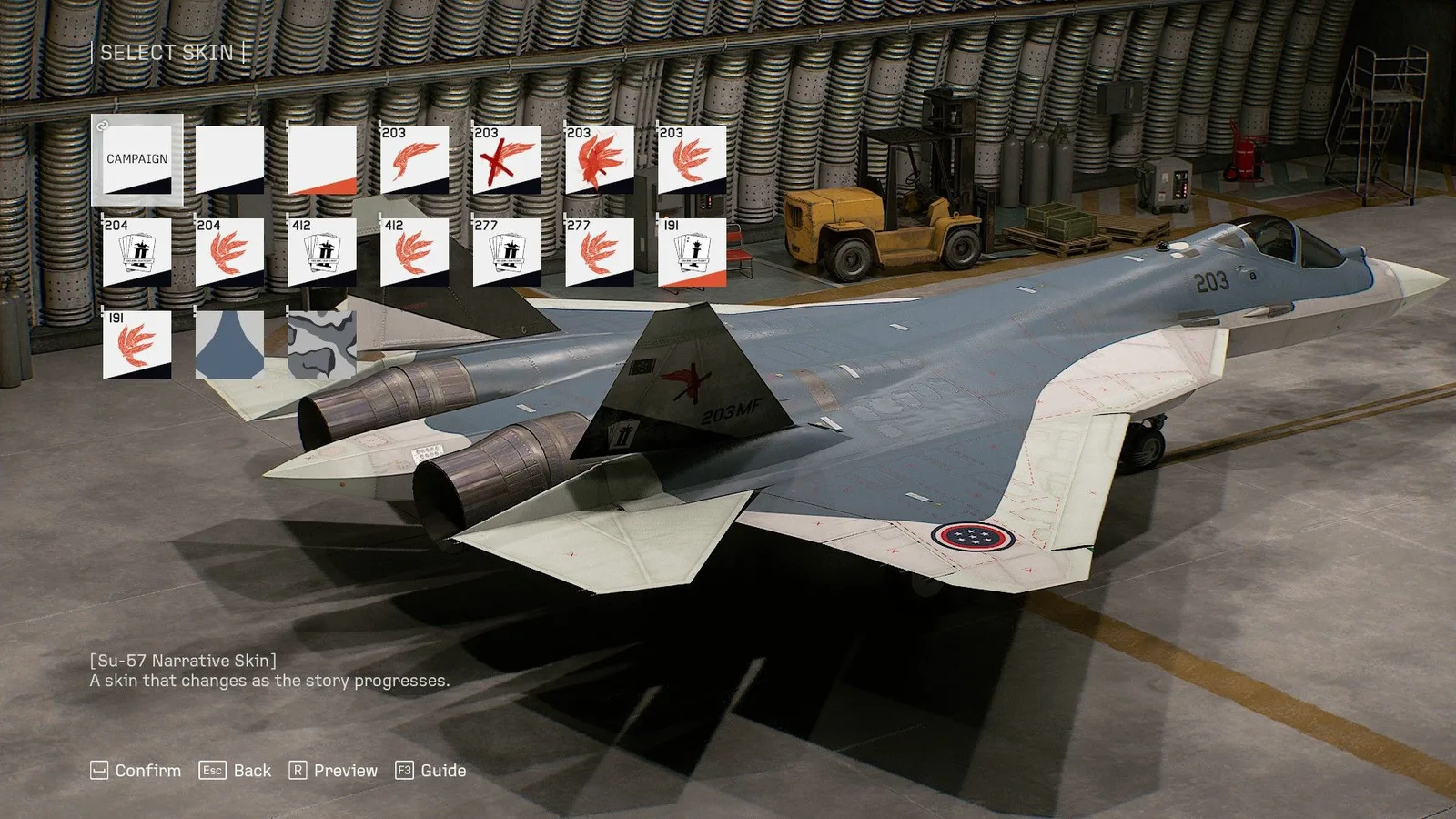 Select Skin menu showing the Su-57 Narrative Skin