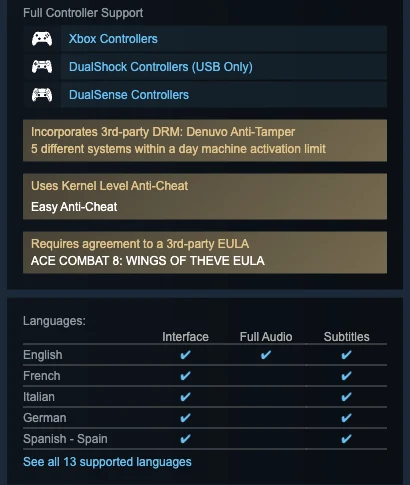 Steam product details listing Denuvo Anti-Tamper, five different systems within a day, and Easy Anti-Cheat