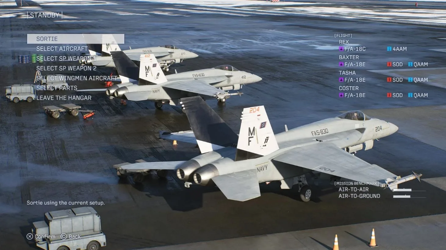 ACE COMBAT 8 hangar showing separate first and second special weapon selection entries