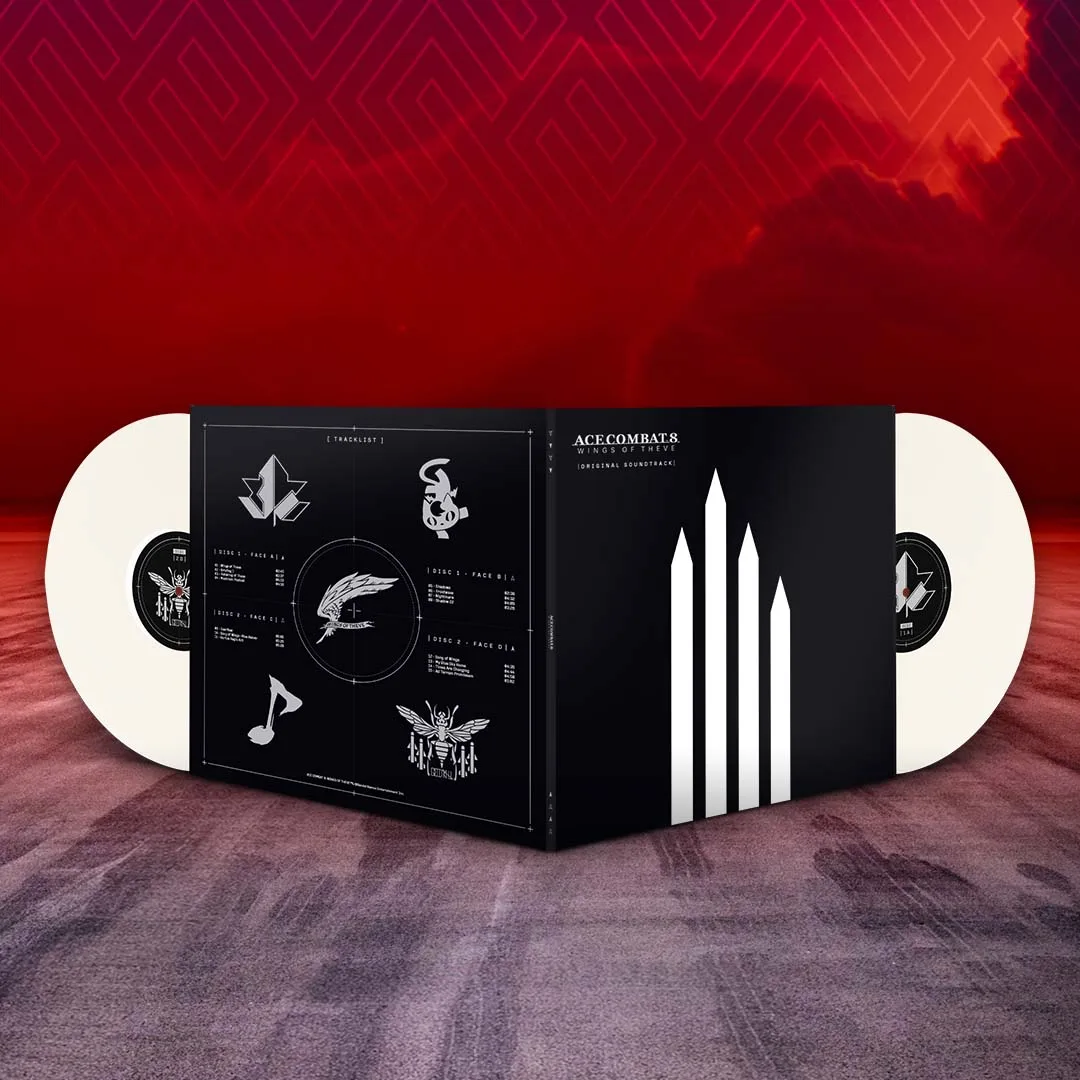 Two white ACE COMBAT 8 vinyl records displayed with their printed gatefold sleeve
