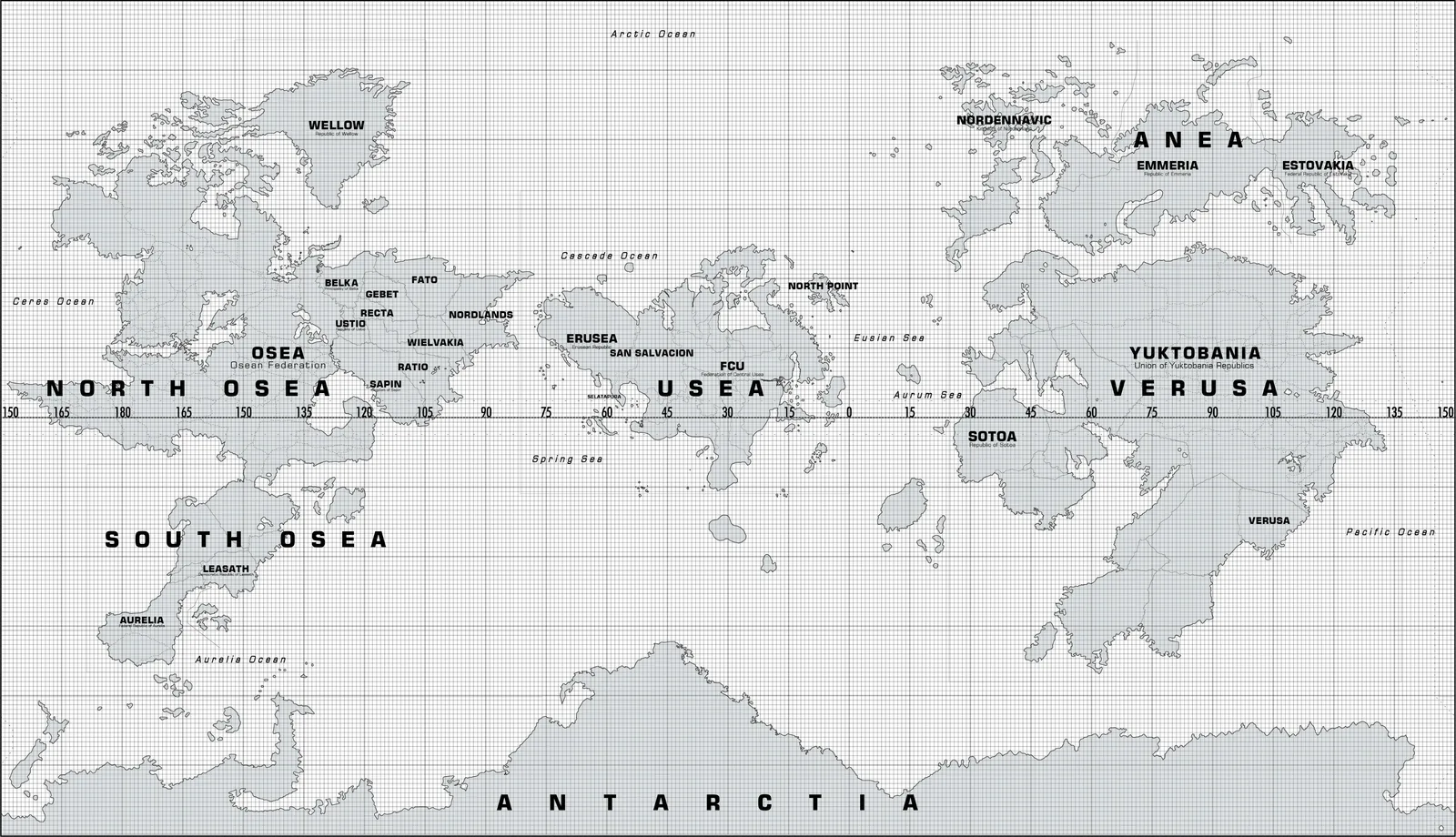 ACE COMBAT 8 world map showing Usea, the FCU, Sotoa, Osea, Verusa, and Anea